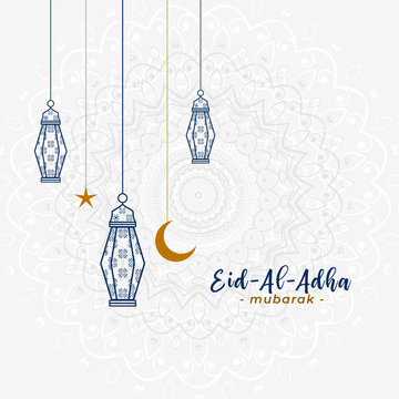 lovely islamic eid al adha greeting with hanging lamps