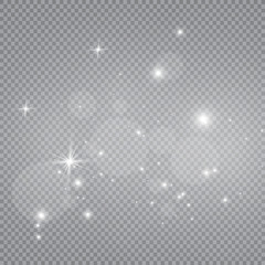 Dust white. White sparks and golden stars shine with special light. Vector sparkles on a transparent background. Christmas abstract pattern. Sparkling magical dust particles.
