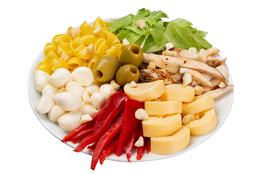 plate assortment of healthy food, bowl with amlet and mozzarella, sweet pepper and chicken, lifestyle