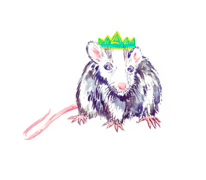 Small funny white-gray rat blue eyed  in green crown standing and looking straight, watercolor painting. Isolated on white illustration  design element for invitation, card, print, posters