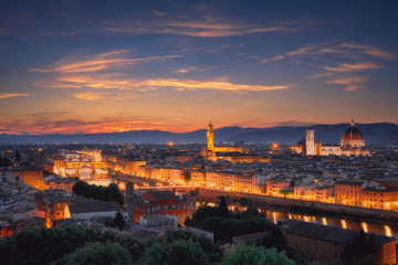 Florence city skyline in the dusk, Italy. Aerial cityscape panoramic view from Piazzale Michelangelo
