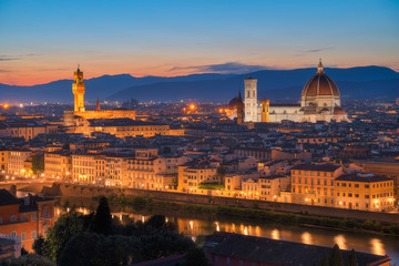 Fototapeta na wymiar Florence city skyline in the dusk, Italy. Aerial cityscape panoramic view from Piazzale Michelangelo