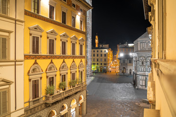 Fototapeta na wymiar Florence city, Italy. Aerial cityscape view to Santa Maria del Fiore cathedral (Basilica of Saint Mary of the Flower) at night