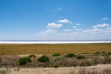 Obraz premium Turkey, Central Anatolia Region: aerial view of the salt expanse of Lake Tuz, Tuz Golu, known as the Salt Lake, the second largest lake in Turkey and one of the largest hypersaline lakes in the world