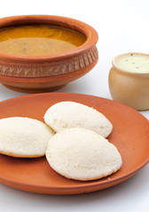 South Indian Popular Breakfast Idli or Idly Served With Sambar And Coconut Chutney