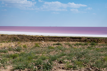 Turkey, Central Anatolia Region: aerial view of the Lake Tuz, Tuz Golu, pink and red water of the...
