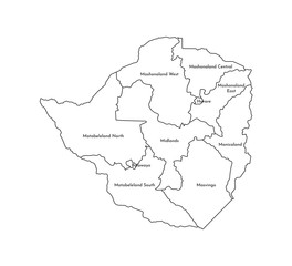 Vector isolated illustration of simplified administrative map of Zimbabwe. Borders and names of the provinces (regions). Black line silhouettes