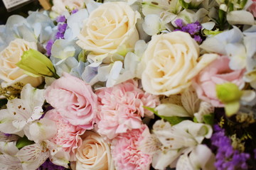 Close up beautiful Pink rose flower Hydrangea and carnation bouquet