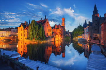 Panoramic view of beautiful city Bruges (Brugge) old town in Belgium in the dusk, Europe