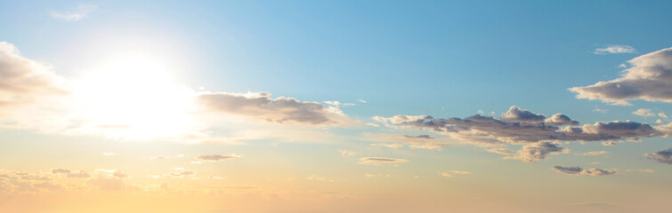 Blue sky clouds background. Beautiful landscape with sun