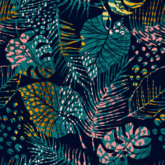 Trendy seamless exotic pattern with tropical plants, animal prints and hand drawn textures.
