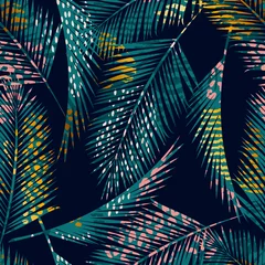 Papier Peint photo autocollant Tropical ensemble 1 Motif exotique sans couture à la mode avec palmier, empreintes d& 39 animaux et textures dessinées à la main