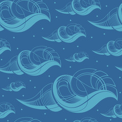 Fototapeta na wymiar Seamless pattern with light linear seashells on blue background.