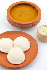 South Indian Popular Breakfast Idli or Idly Served With Sambar And Coconut Chutney