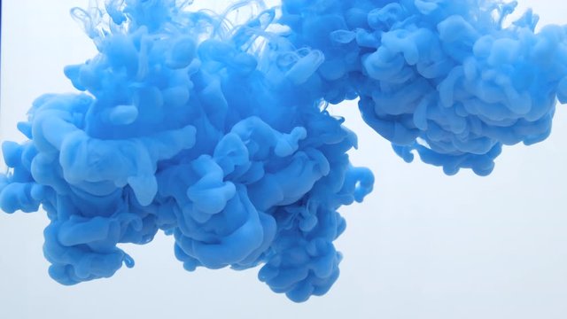 Blue color paint ink drops in water slow motion video with copy space. Inky cloud swirling flowing underwater. Abstract isolated smoke explosion