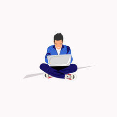 Handsome man is working at his laptop. Vector illustration.