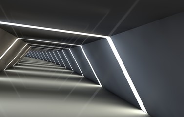 Abstract tunnel with gaps, with a reflective floor and ceiling