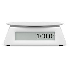 Electronic scales show 100 grams, on a white isolated background. There is a free space for your design