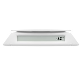 Electronic scales show 0 grams, on a white isolated background. There is a free space for your design