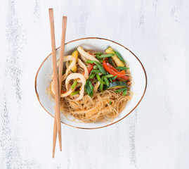 Traditional Asian stir fry with noodles, seafood and vegetables.
