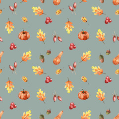 Watercolor autumn seamless pattern. Autumn leaves, pumpkins and acorns on grey background