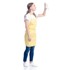 Woman in yellow apron smile holding kithcen towel cleaning on white background isolation