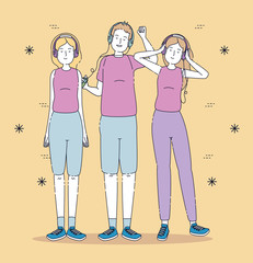 girls and boy with headphones and mp4 technology