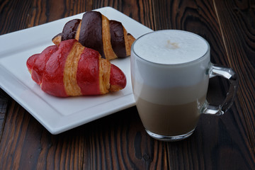 croissants and latte macchiato, breakfast, pastries