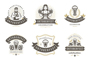 Fototapeta premium Oktoberfest odznaki i etykiety zestaw ilustracji wektorowych vintage szablony projektów typograficznych.