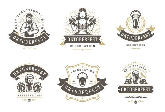 Oktoberfest badges and labels set vintage typographic design templates vector illustration.