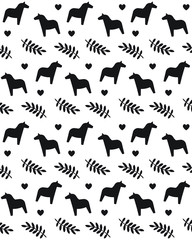 Vector seamless pattern of flat cartoon black Scandinavian Swedish horse and leaves isolated on white background