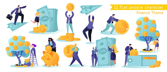 Flat, сartoon, vector Illustration collection. Different successful people characters making money. Business and finance, saving money theme. Career, salary, earnings profit.