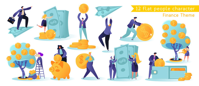 Flat, сartoon, vector Illustration collection. Different successful people characters making money. Business and finance, saving money theme. Career, salary, earnings profit.