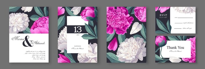 Botanical wedding invitation card. Template design with white and pink peonies flowers and petals.  Modern, realistic style, hand drawn illustration. Collection of Save the Date and RSVP in vector EPS © MPetrovska