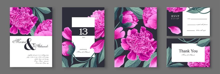 Botanical wedding invitation card. Template design with pink peonies  flowers and leaves. Modern, realistic style, hand drawn illustration. Collection of Save the Date and RSVP in vector EPS format. © MPetrovska