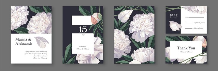 Botanical wedding invitation card. Template design with white peonies  flowers and leaves. Modern, realistic style, hand drawn illustration. Collection of Save the Date and RSVP in vector EPS format. © MPetrovska