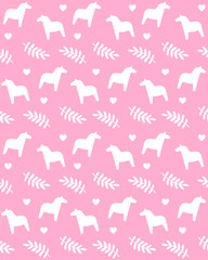 Vector seamless pattern of flat cartoon white Scandinavian Swedish horse and leaves isolated on pink background