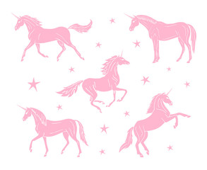 Vector set collection of pink hand drawn doodle sketch unicorn isolated on white background