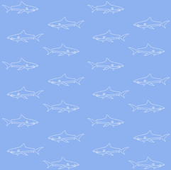Vector seamless pattern of white hand drawn doodle sketch shark isolated on blue background
