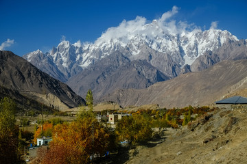Snow capped Ultar Sar, Ladyfinger and Hunza peak, part of Batura Muztagh in Karakoram mountain range view from Nagar Valley. Gilgit Baltistan, Pakistan.