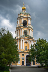 Fototapeta na wymiar The bell tower was erected in the late 18th century and in addition to its main purpose served as the main gate of the Novospassky monastery.