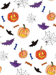 Halloween watercolor seamless pattern with pumpkins, bats, webs and sweets on white background. For wrapping paper, cards, posters, banners. Autumn holidays