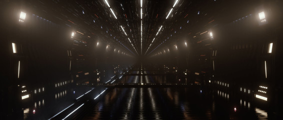 Spaceship interior bridge corridor with hazy misty atmospheric lights, 3d Render	
