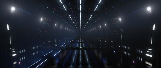 Spaceship interior bridge corridor with hazy misty atmospheric lights, 3d Render	