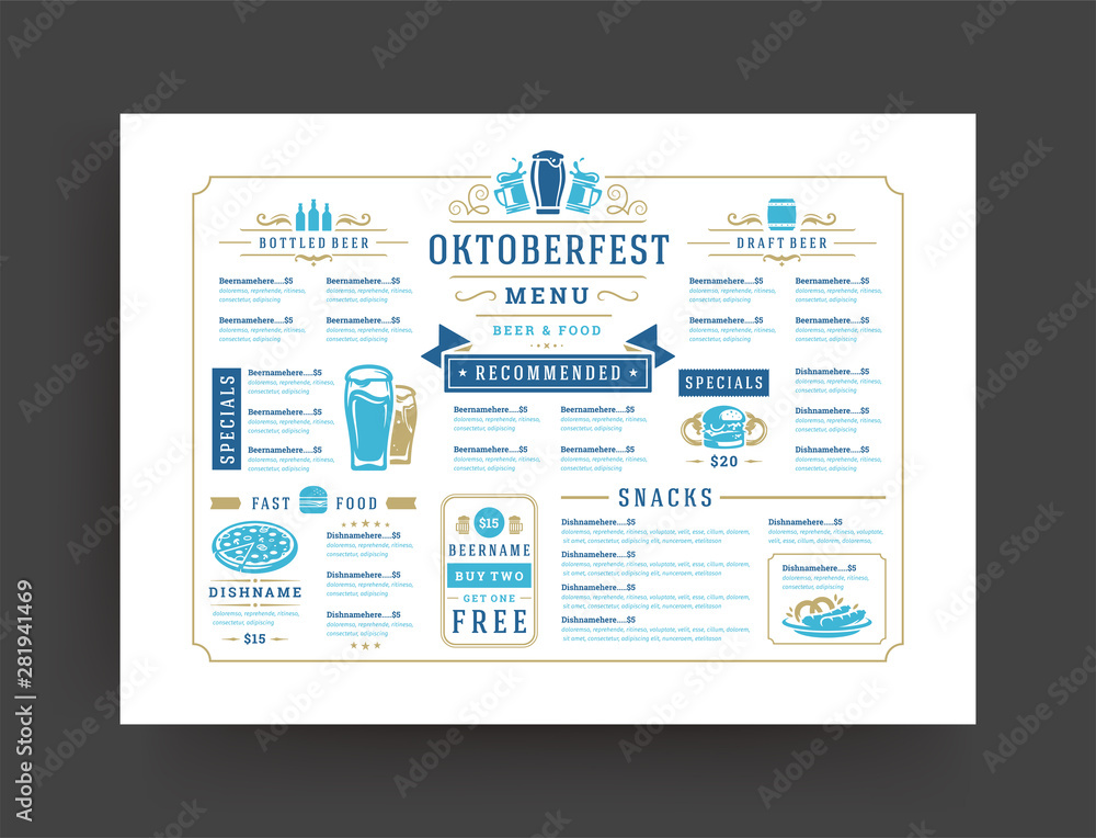 Wall mural Oktoberfest menu vintage typography template beer festival celebration design vector illustration.