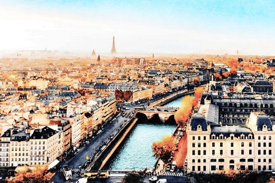 Beautiful Digital Watercolor Painting of the Seine river at sunset in Paris, France. Autumn colors with Eiffel Tower in the background.