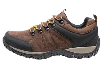 brown leather sports shoes in combination material, on a white background