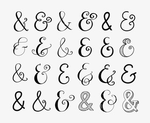 Hand drawn vector ampersand set. Hand lettered ampersands isolated on white background. Doodle type design elements. Modern brush calligraphy for wedding invitations and other stationary.