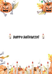 Fototapeta premium Watercolor Halloween decorative frame. Halloween pumpkin, bones, candles and autumn leaves composition