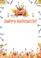 Watercolor Halloween decorative frame.  Halloween pumpkin, bones, candles and autumn leaves composition